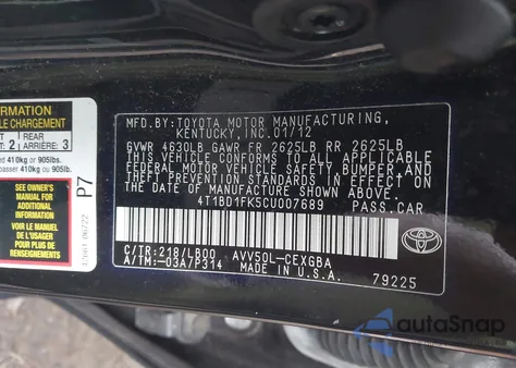 2012 Toyota Camry Hybrid Xle from USA, damaged, VIN 4T1BD1FK5CU007689